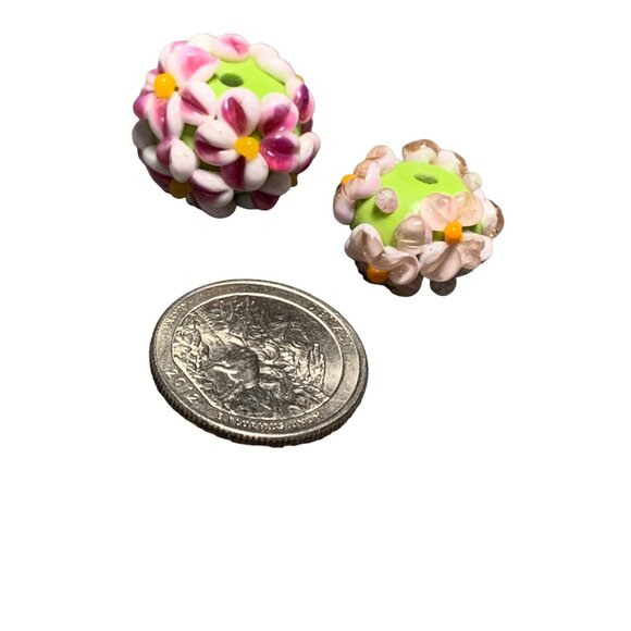 Handmade Floral Lampwork Glass Beads Green Base with Pink & White Flowers Bead - Picture 1 of 6
